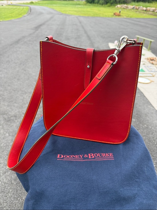 Dooney & Bourke Handbags - Vintage Dooney & Bourke Red Leather Bucket Shoulder Bag with Contrast Stitching